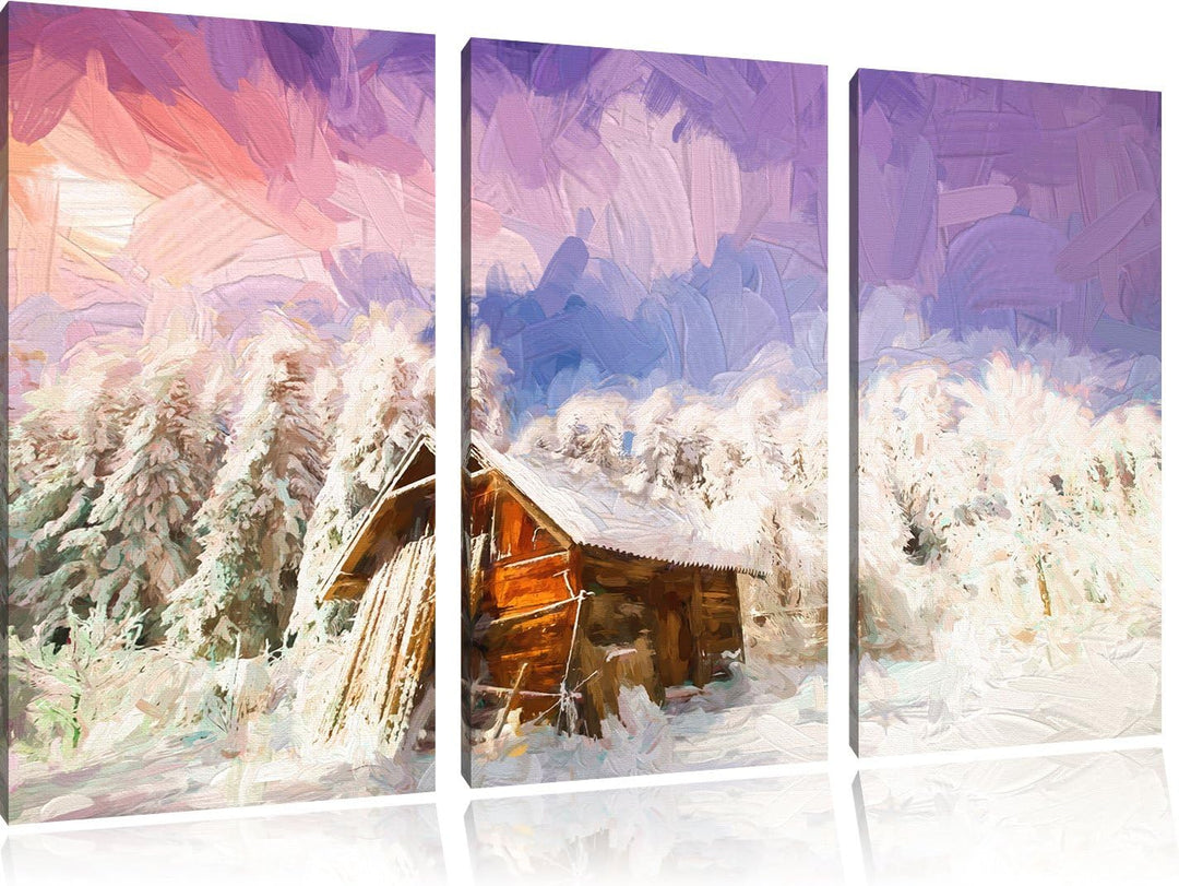 Pixxprint Holzhütte im Schnee als Leinwandbild/Grösse: 3 Teilig (120x80) cm/Wandbild/Kunstdruck/fert