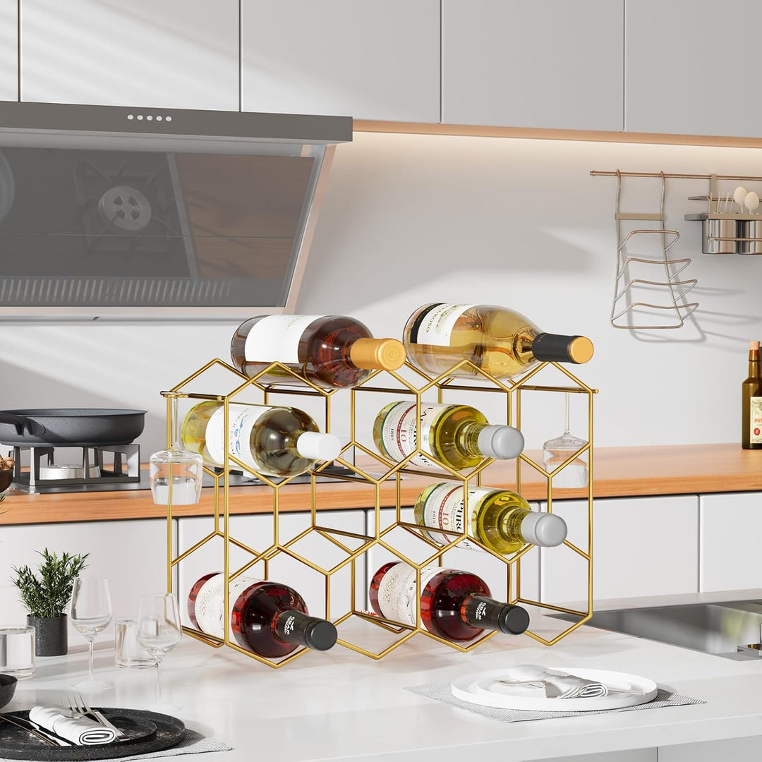 Urban Deco Weinregal für 14 Flaschen aus Metall, Flaschenregal Gold mit 2 Haken für 2 Weingläser, We