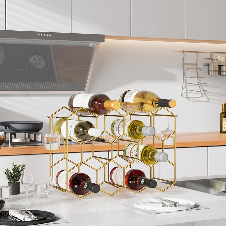 Urban Deco Weinregal für 14 Flaschen aus Metall, Flaschenregal Gold mit 2 Haken für 2 Weingläser, We