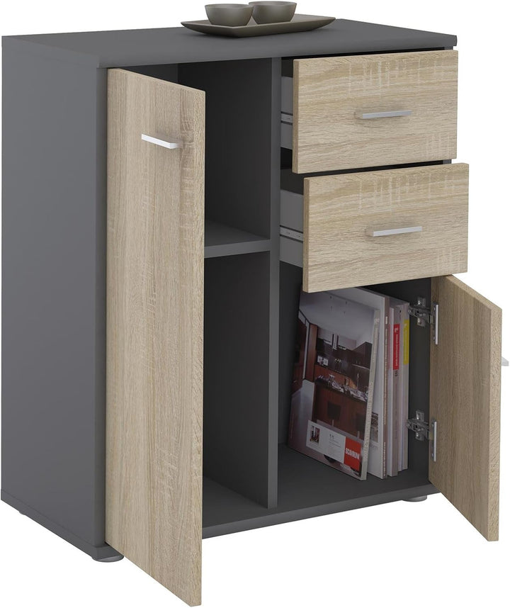 CARO-Möbel Kommode Highboard Bürokommode mit 2 Schubladen und 2 Türen in grau/Sonoma Eiche, Grau/Son