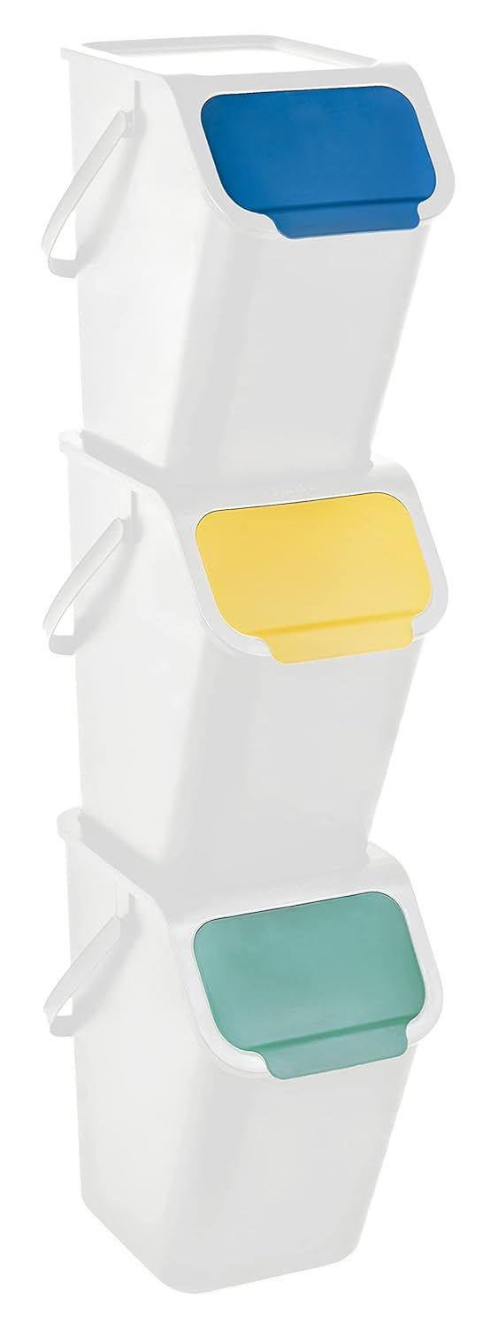 3-er Set Mülleimer und 3-Pack Bioaktivkohlefilter, Stapelbox Klick-Deckel, Abfalltrennsystem Küche M