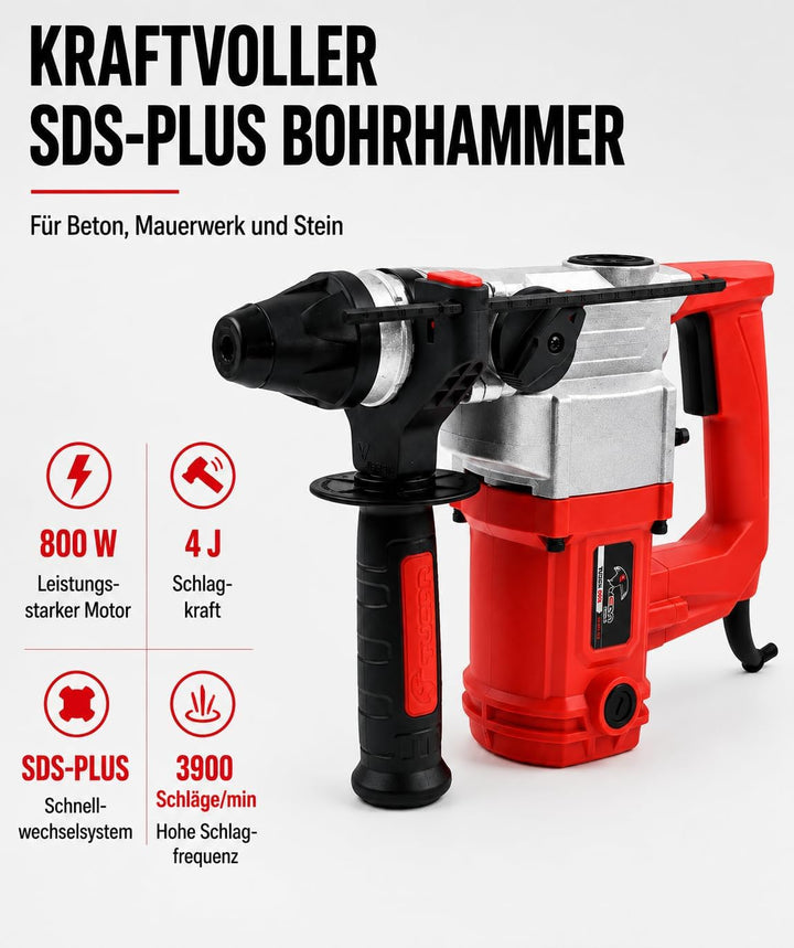 REXXER Bohrhammer SDS Plus 800W, 4 Joule Schlagkraft, Kombihammer mit Bohren, Schlagbohren, Meisseln