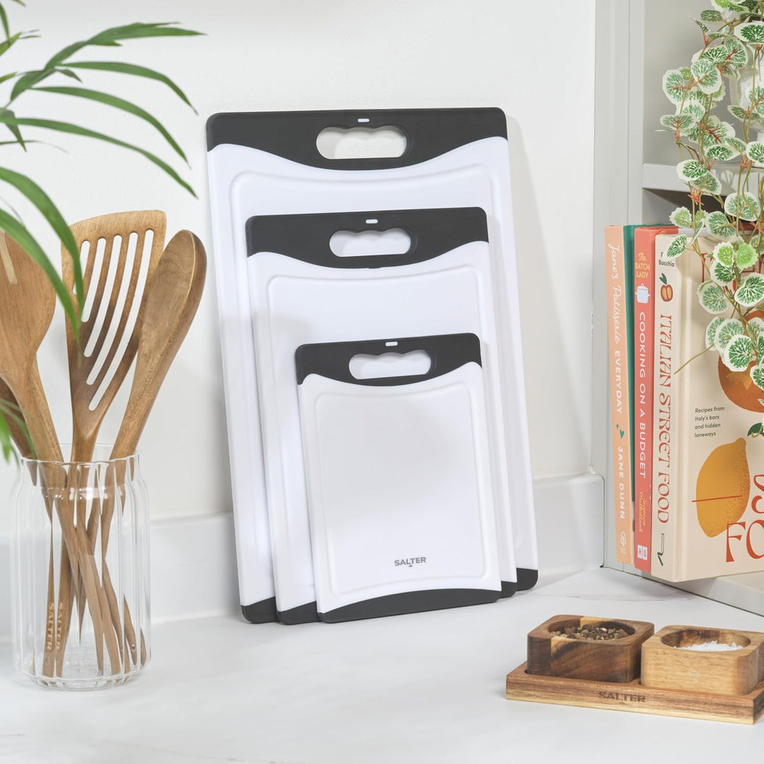 Salter Schneidebrett-Set, Kunststoff, 3er-Set, Schwarz/Weiss | Beidseitig nutzbar, rutschfester Grif