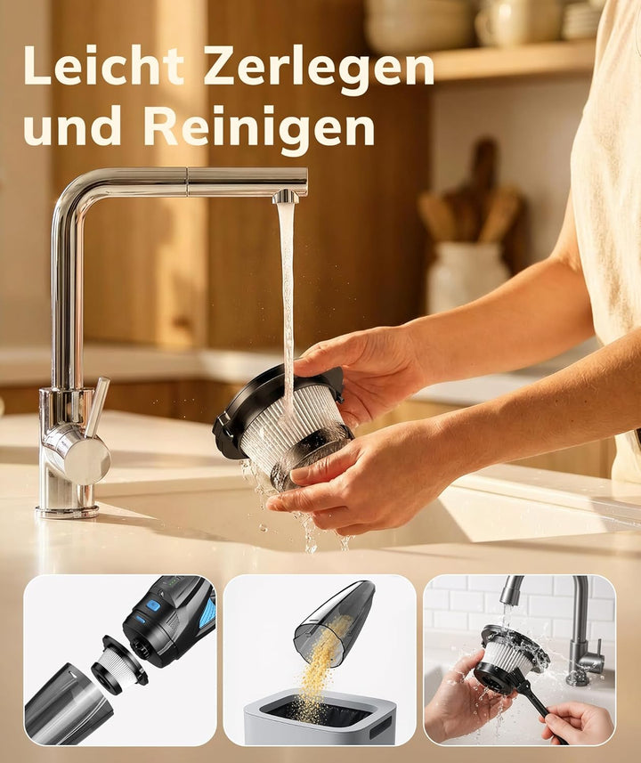 Handstaubsauger Akku mit 25000Pa Starke Saugkraft,Kabelloser Staubsauger mit HEPA-Filter & Aufsätzen