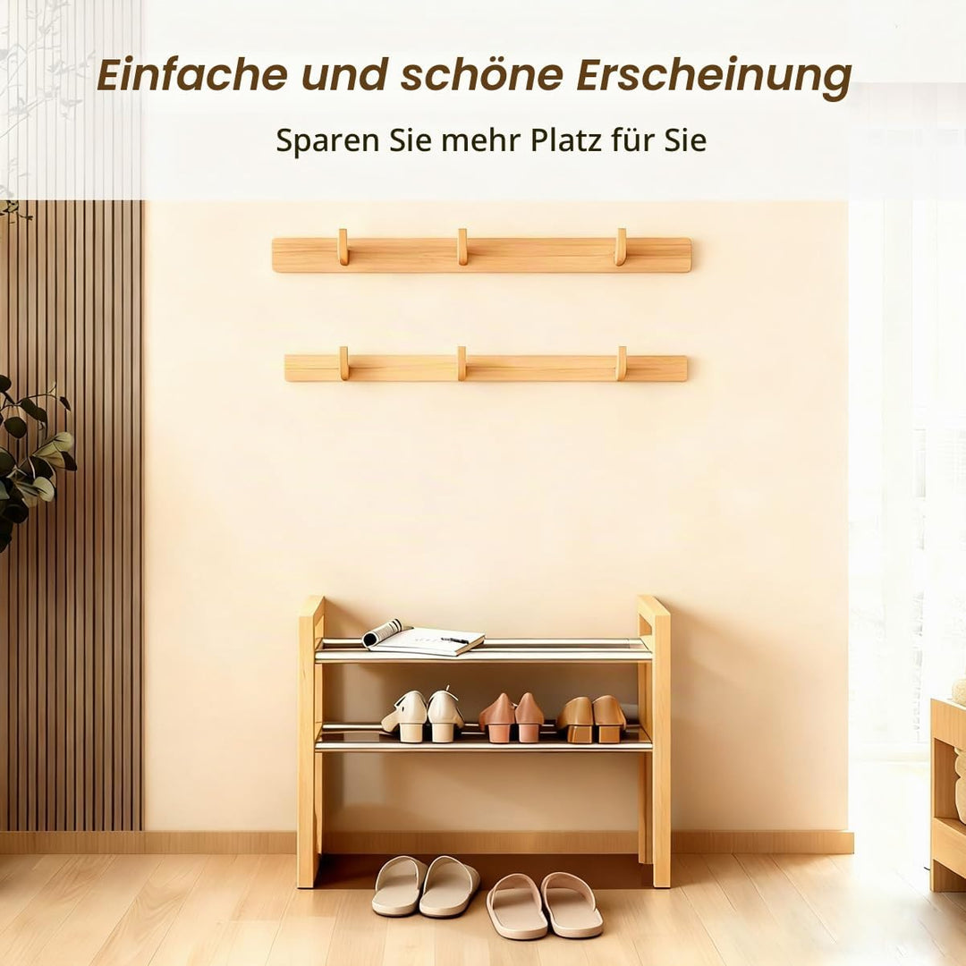 LEMIKKLE Schuhregal Holz Eiche 2-stöckig, Erweiterbar Mit Edelstahl-Elementen, Ideal Für Enge Räume,