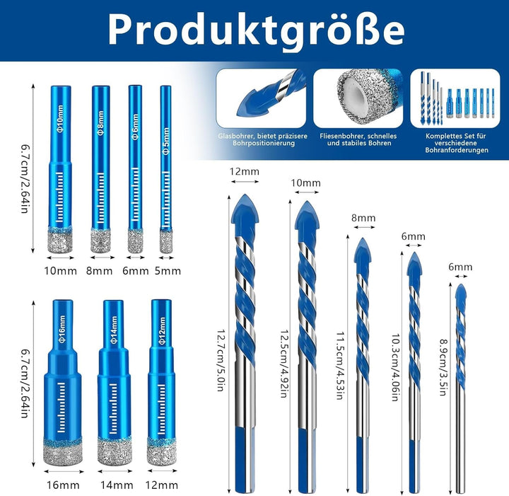 12 Stück Diamant-Fliesenbohrer Set, 7 Stück Diamantbohrer Glasbohrer 5/6/8/10/12/14/16mm und 5 Stück
