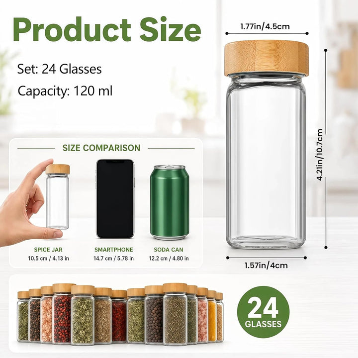 24 Set Gewürzgläser mit Schüttaufsatz, 120 ml Gewürzgläser Eckig Inklusive 648 Etiketten, Gewürz Org