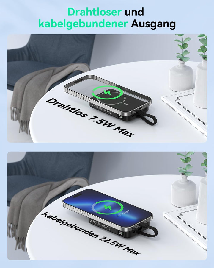 GREPRO Magnetische Power Bank, 10000mAh Powerbank für Magsafe mit 22,5 W Schnellladung USB-C-Kabel,