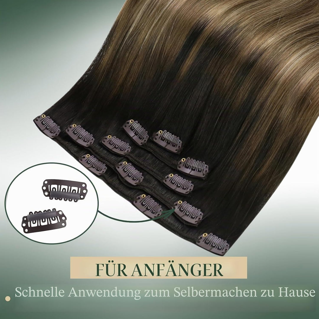 Ugeat Clip in Extensions Echthaar Balayage Braun Glatt Clip in Haarverlängerung Mittelbraun Balayage