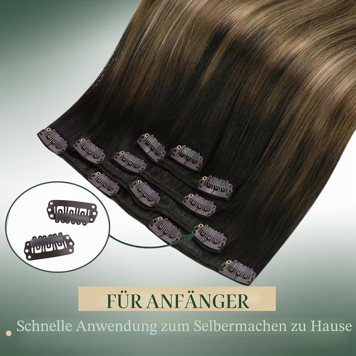 Ugeat Clip in Extensions Echthaar Balayage Braun Glatt Clip in Haarverlängerung Mittelbraun Balayage