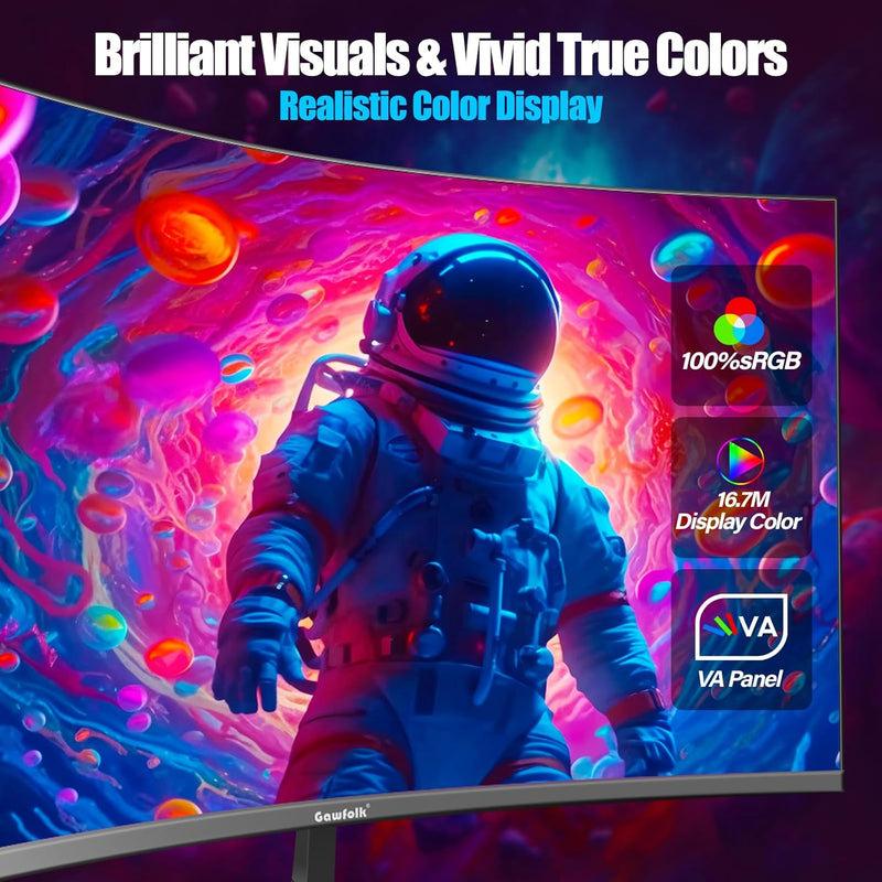 Gawfolk 27 Zoll Curved Gaming Monitor 165Hz/ 180Hz, PC Bildschirm Full HD 1080P, Rahmenloses 1800R C