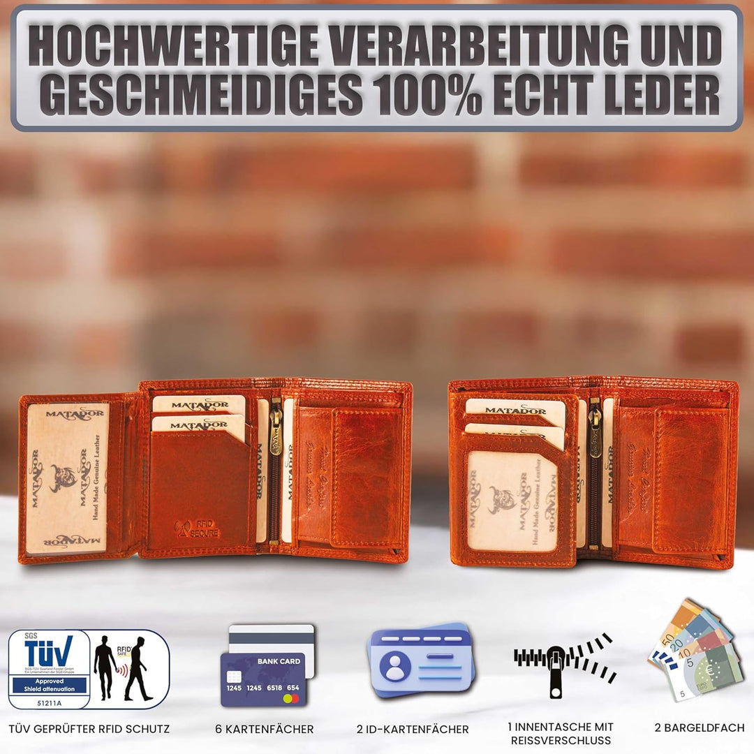 MATADOR Kleines RFID Blocker Portemonnaie Herren Klein Leder | Kleine Geldbörse Herren Slim Wallet m