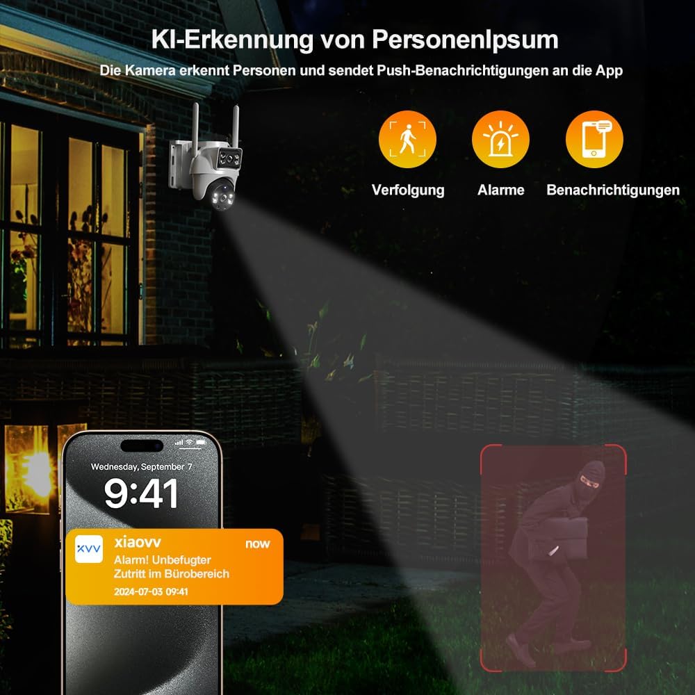 XIAOVV 2K Solarbetriebene Aussenüberwachungskamera mit Zwei Objektiven,360° Panoramaüberblick, Schut