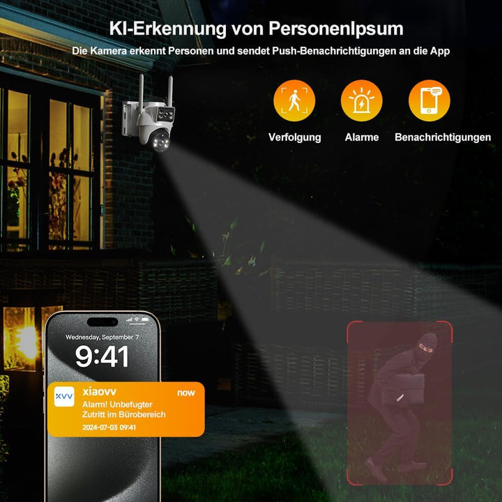 XIAOVV 2K Solarbetriebene Aussenüberwachungskamera mit Zwei Objektiven,360° Panoramaüberblick, Schut