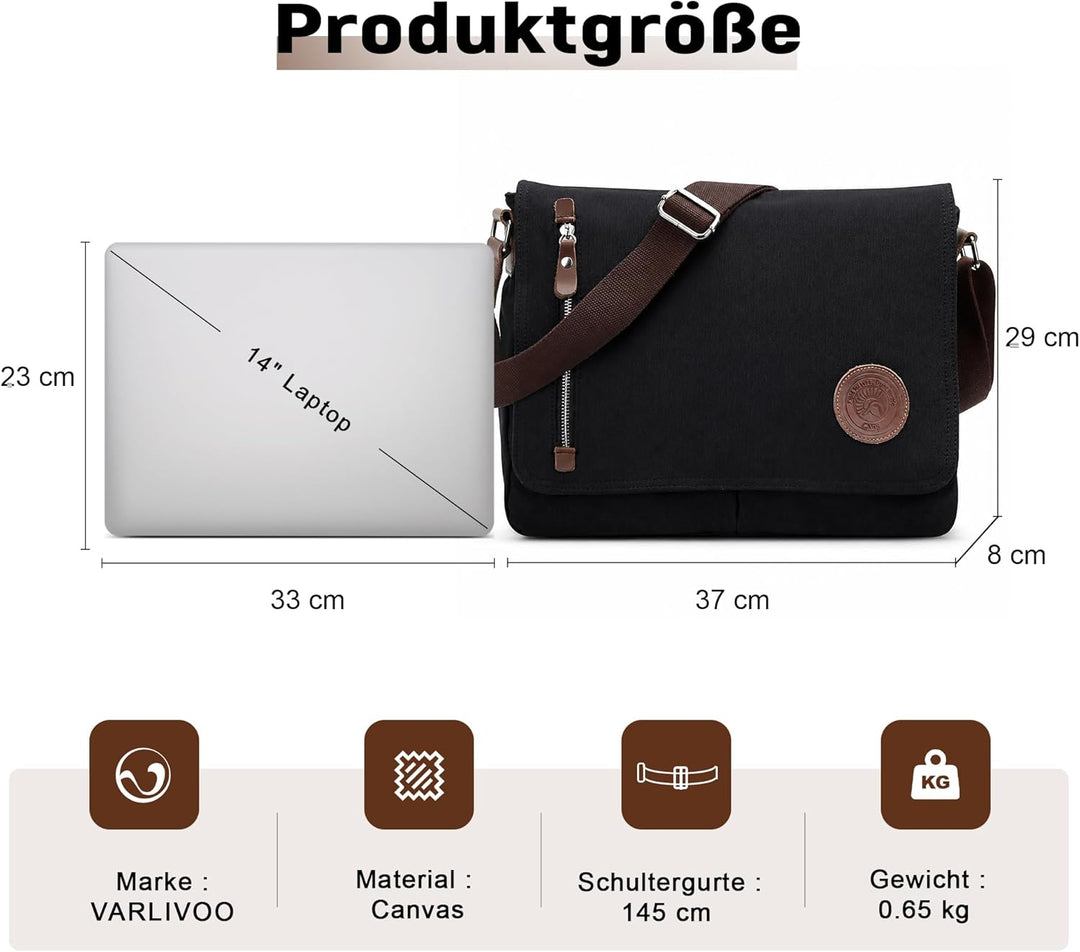 VARLIVOO Umhängetasche für Herren Schultertaschen 14" Zoll Laptoptaschen Messenger Bags Kuriertasche