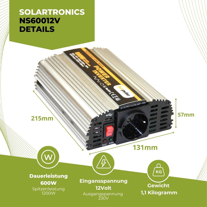 SOLARTRONICS NS600 Spannungswandler 12V 230V modifizierter Sinus 600W/1200W Wechselrichter 12V auf 2