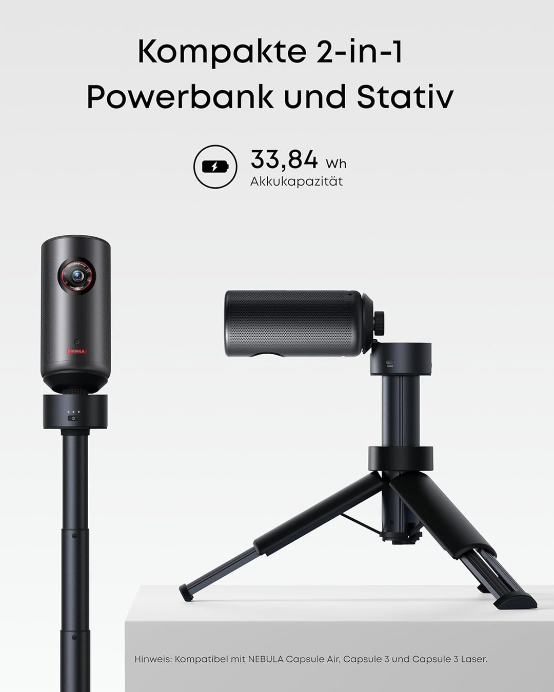 NEBULA Capsule Powerbank-Stativ, Bis zu 2 Std. Integrierter Akku, 215mm bis 840mm Höhenverstellbar,