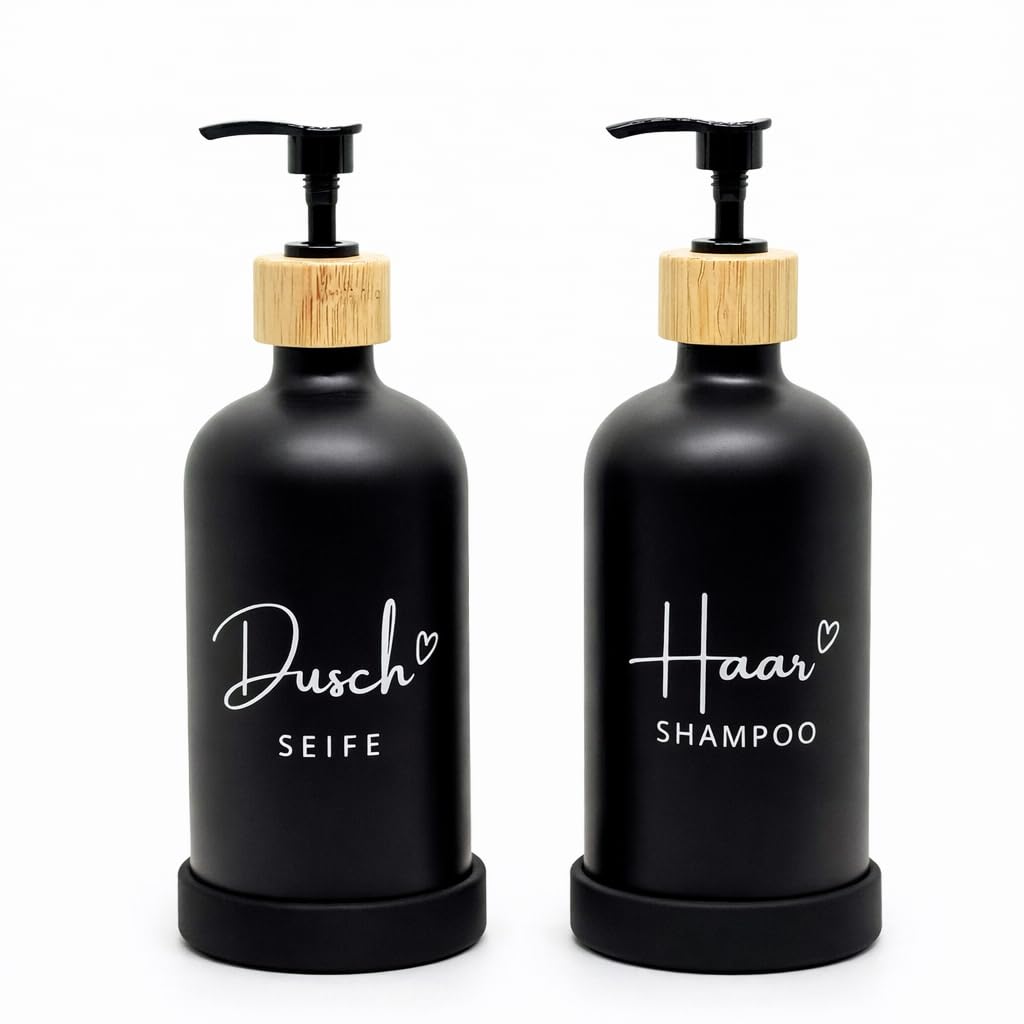 BoBoU Seifenspender Glas 2er Set Schwarz 500 ml Duschseife & Haarshampoo mit Deutscher Handschrift-B