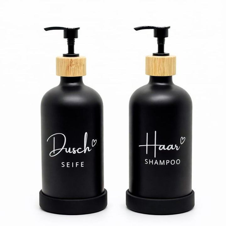BoBoU Seifenspender Glas 2er Set Schwarz 500 ml Duschseife & Haarshampoo mit Deutscher Handschrift-B