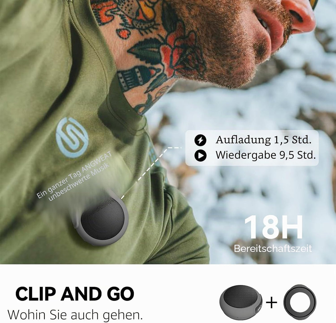 ANCwear Bluetooth 5.3 Lautsprecher Mini zum Anklemmen, Tragen und Aufhängen, IPX6 Spritzwasserschutz