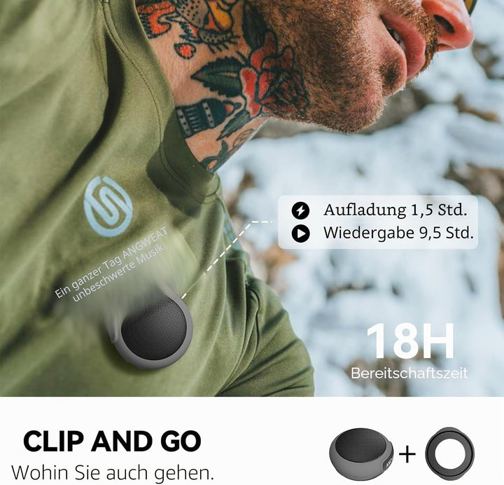 ANCwear Bluetooth 5.3 Lautsprecher Mini zum Anklemmen, Tragen und Aufhängen, IPX6 Spritzwasserschutz