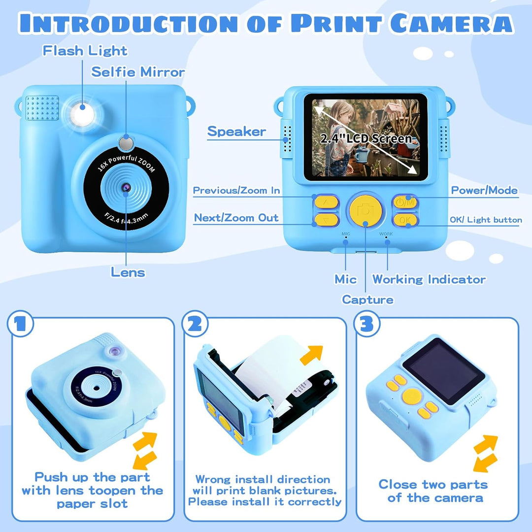 CHRERNA KinderKamera, Sofortbildkamera Kinder Geschenke für 3-12 Jahre Jungen und mädchen,1080P HD 2