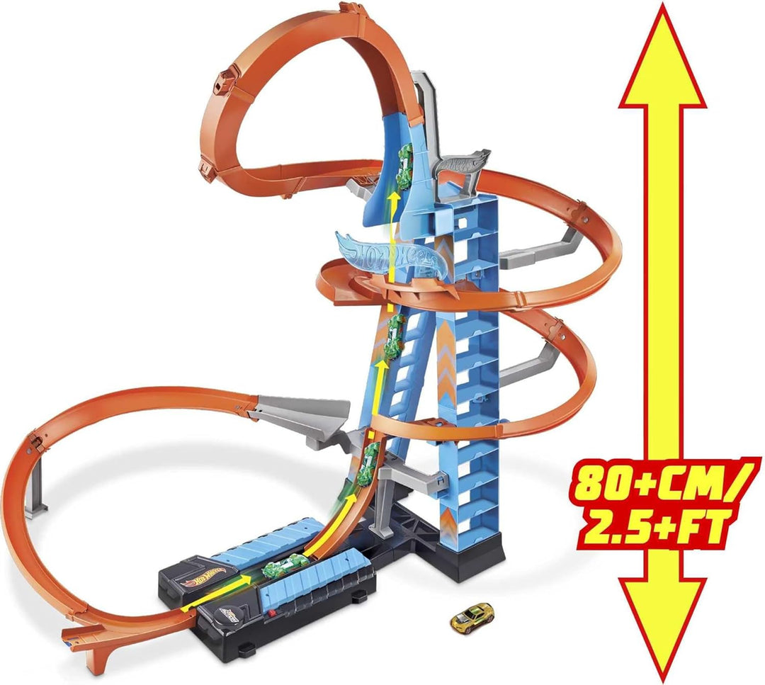 Hot Wheels GWT39 - Himmelscrash-Turm, 60cm hoch mit batteriebetriebenem Beschleuniger und orangem Tr