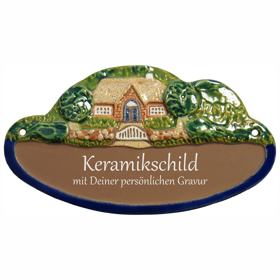 Handarbeit aus Schleswig-Holstein Keramikschild 18,0 x 10,0 cm Landhaus mit Bäumen (braun), Braun