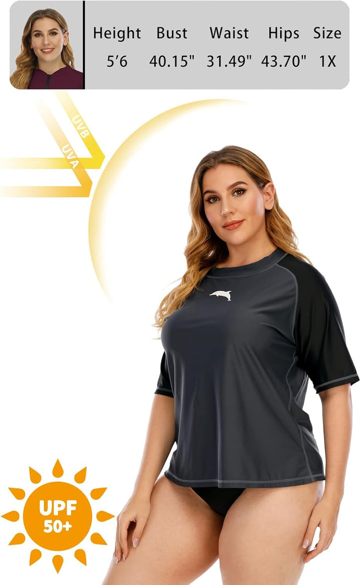 Halcurt UV Shirt Damen Übergrösse Rash Guard Kurzarm UPF 50+ Badeshirt UV Schutz Schwimmshirt Schnel