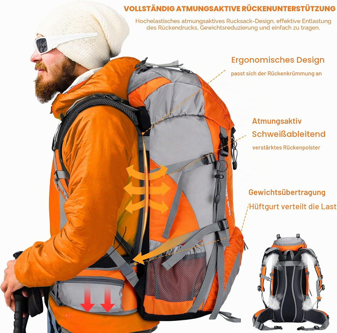Loowoko Wanderrucksack 50L mit Regenschutz, Camping Rucksack Trekking Tasche für Outdoor, Männer & F