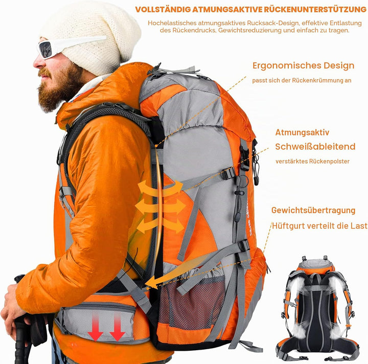 Loowoko Wanderrucksack 50L mit Regenschutz, Camping Rucksack Trekking Tasche für Outdoor, Männer & F