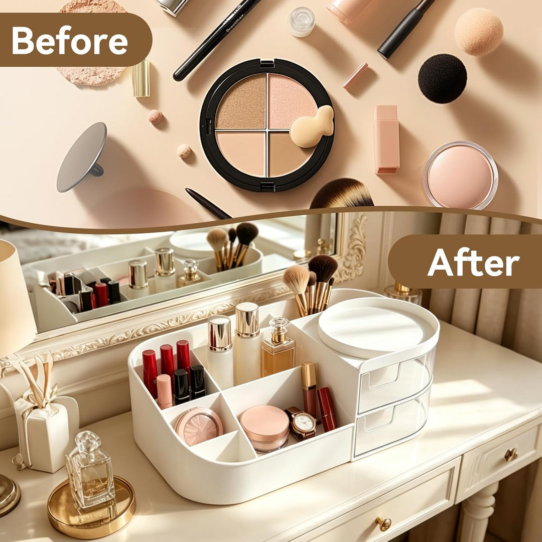 Schminktisch Organizer mit 2 Schubladen & Pinselhalter, Make Up Organizer Kosmetik Aufbewahrung für