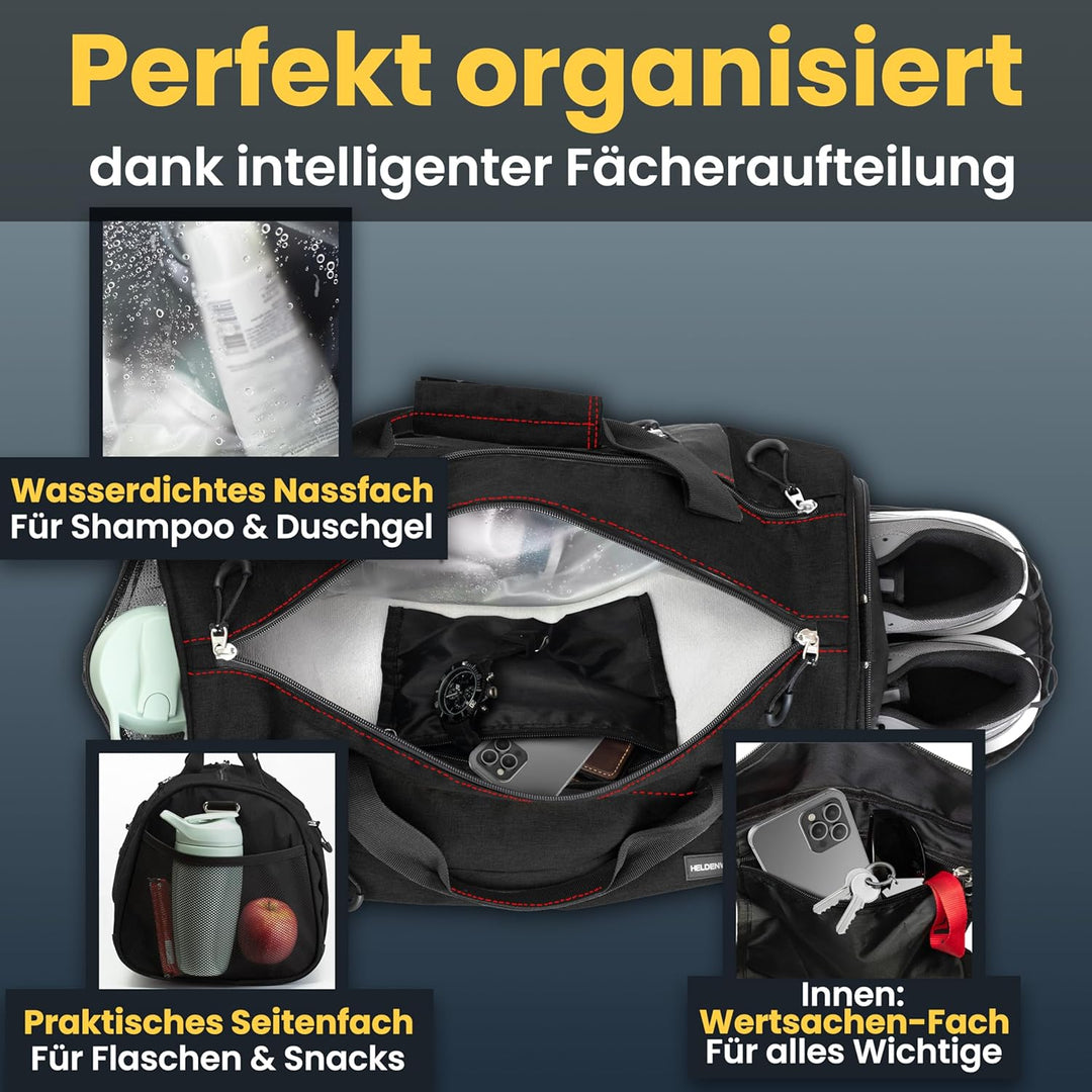 Heldenwerk® Sporttasche & Reisetasche für Damen und Herren gross I Trainingstasche mit Schuhfach und
