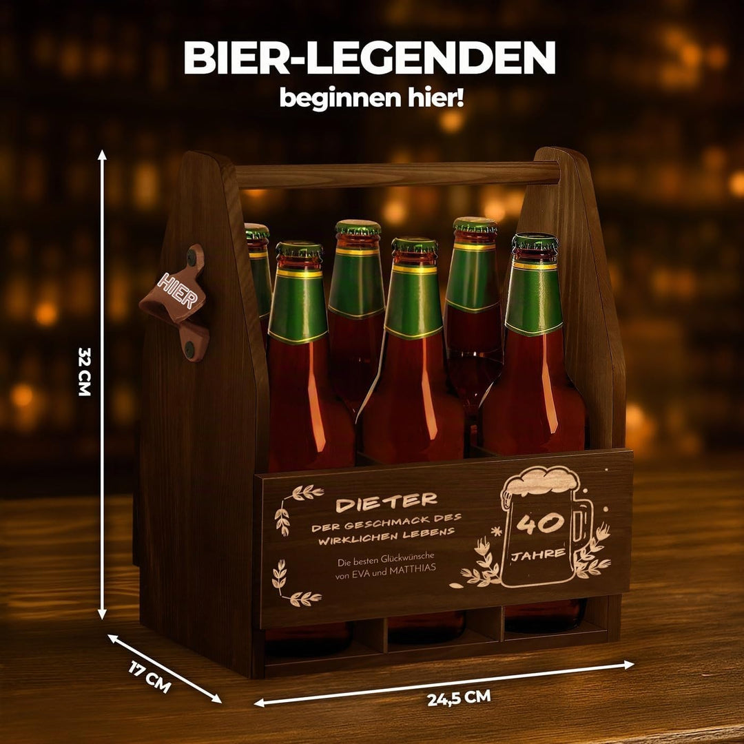 Maverton Bierträger für 6 Flaschen 0,5L + Gravur - Männerhandtasche mit Flaschenöffner - Grösse: 25x