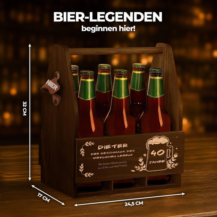 Maverton Bierträger für 6 Flaschen 0,5L + Gravur - Männerhandtasche mit Flaschenöffner - Grösse: 25x