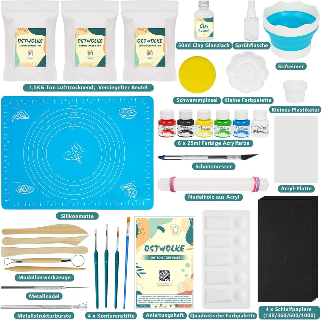 OSTWOLKE Töpferset für Zuhause für Anfänger - Lufttrocknend. Pottery Set für Erwachsene, Töpfern Zuh