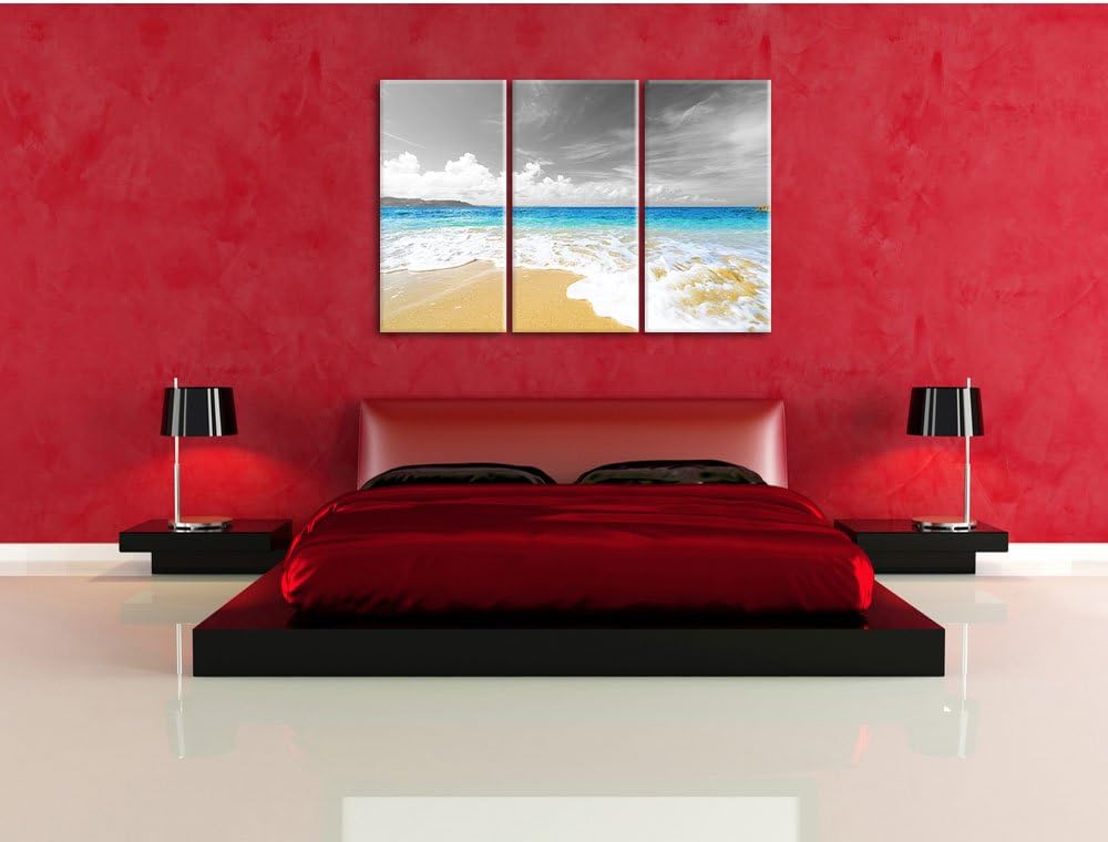 Pixxprint Sandstrand mit Welle bei azurblauen Himmel schwarz/weiss 3-Teiler Leinwandbild 120x80 Bild