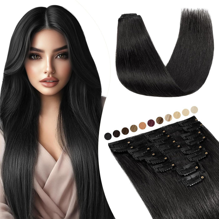 Elailite Extensions Echthaar Clip in 8 Tressen Glatt #1 Schwarz, Haarverlängerung Real Human Haar 25