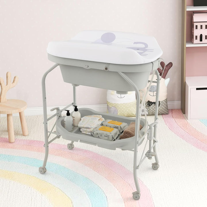 COSTWAY 4 in 1 Wickeltisch klappbar mit Badewanne, tragbare Wickelkommode mit Wickelauflage, mobile