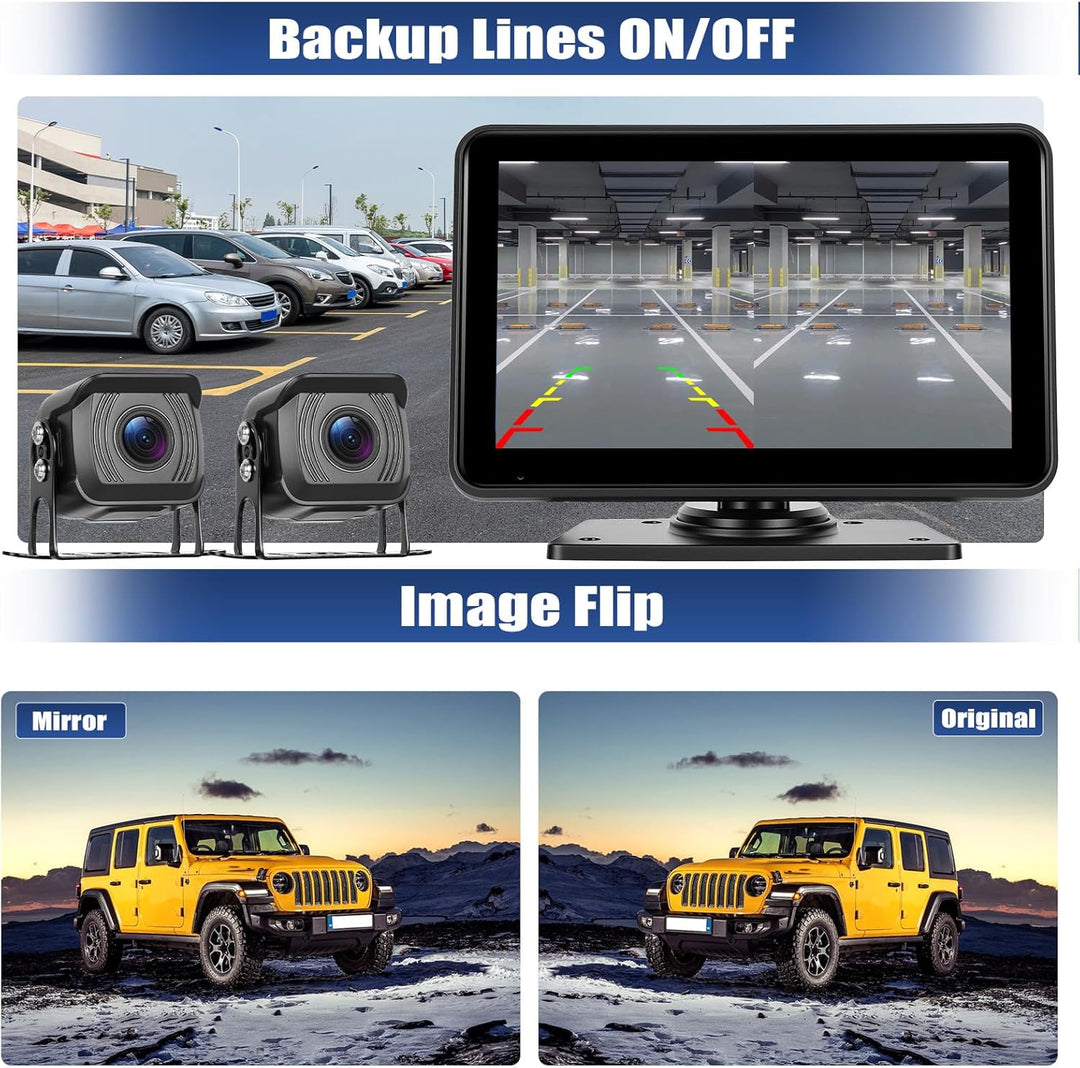 Dual Rückfahrkamera Kameras Set Kabelgebunden, 7 Zoll IPS Monitor 4K DVR mit Android Cast, IP68 Wass