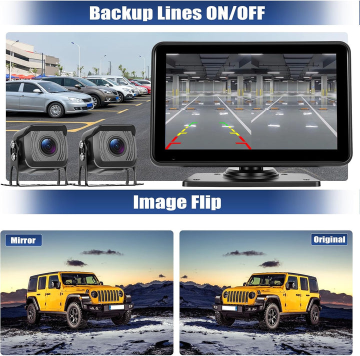 Dual Rückfahrkamera Kameras Set Kabelgebunden, 7 Zoll IPS Monitor 4K DVR mit Android Cast, IP68 Wass