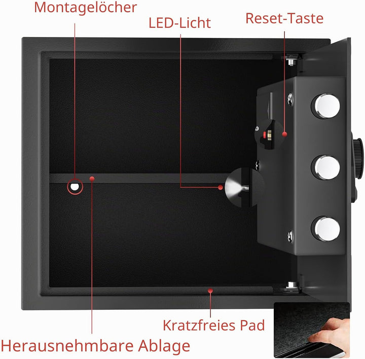 30L Tresor – Stahl-Safe, Möbeltresor mit Zahlenschloss & Code-Alarmsystem, LED-Beleuchtung, Abnehmba