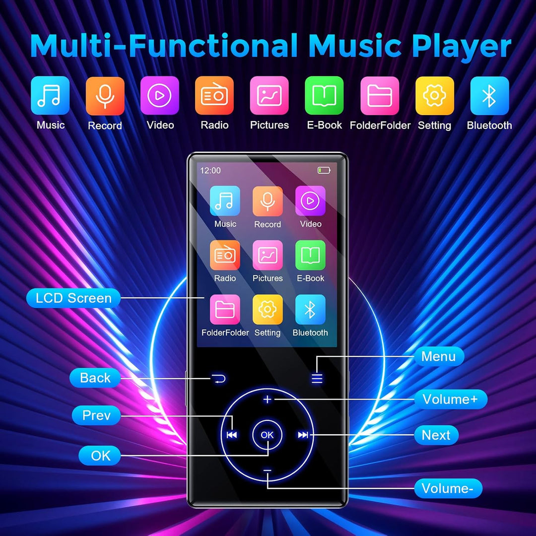 64GB MP3 Player mit Bluetooth MP3-Player mit Eingebauter HD Lautsprecher 450mAh Akku HiFi Sound Funk