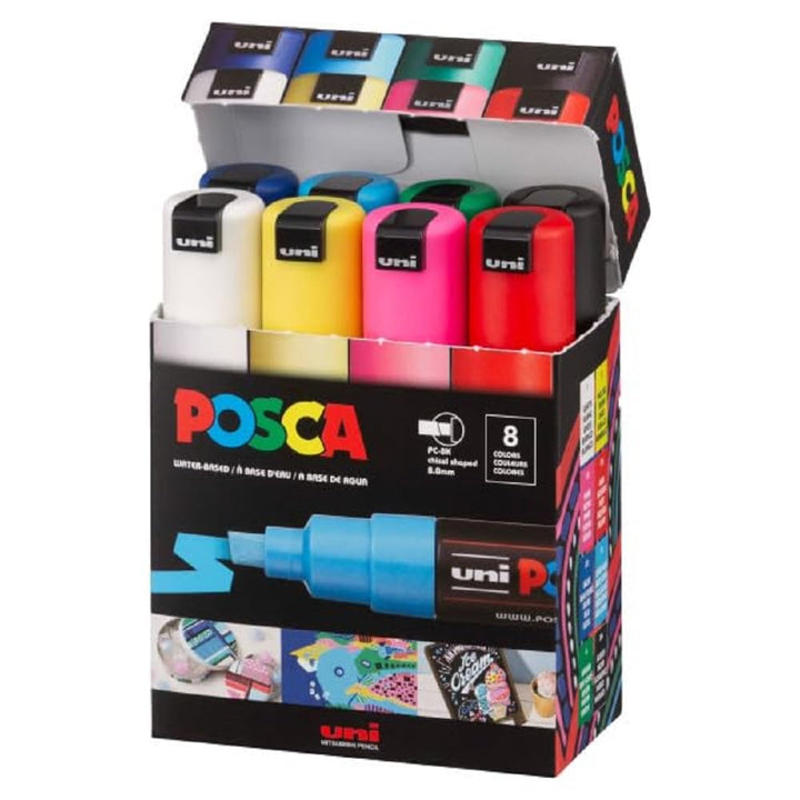 uni-ball 182608 - POSCA Marker mit breiter Keilspitze, 8er Set, Grundfarben 8er Set - Grundfarben, 8