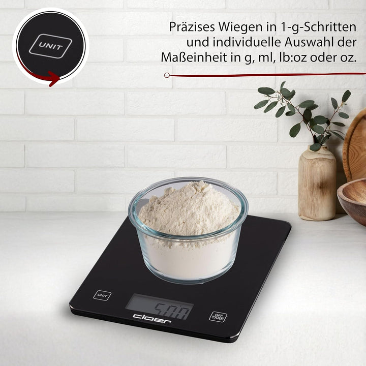 Cloer 6870 Digitale Küchenwaage für bis zu 10 kg, Zuwiegefunktion, Gewichtsmessung in 1g Schritten,