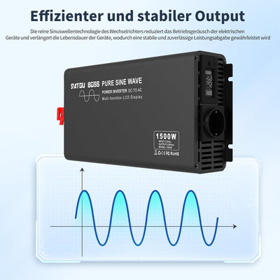 DATOUBOSS Wechselrichter 1500W Reiner Sinus 12V auf 230V Spannungswandler Spitzenleistung 3000W mit