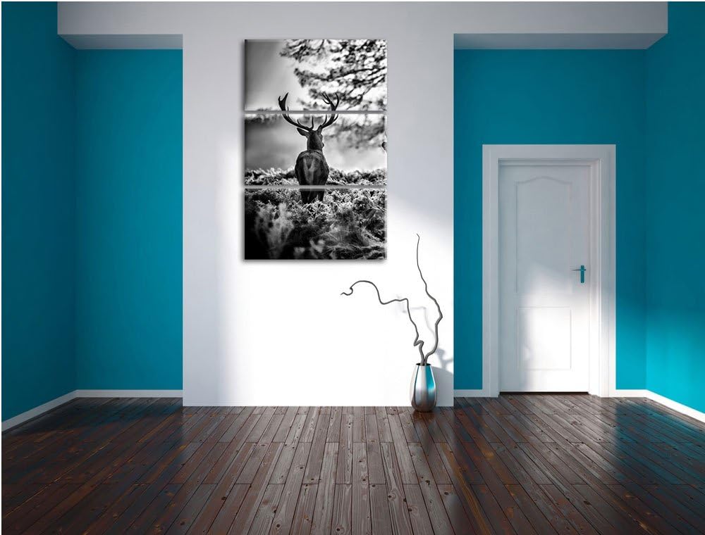 Pixxprint Monocrome, Hirsch Rivalen kämpfen 3-Teiler Leinwandbild 120x80 Bild auf Leinwand