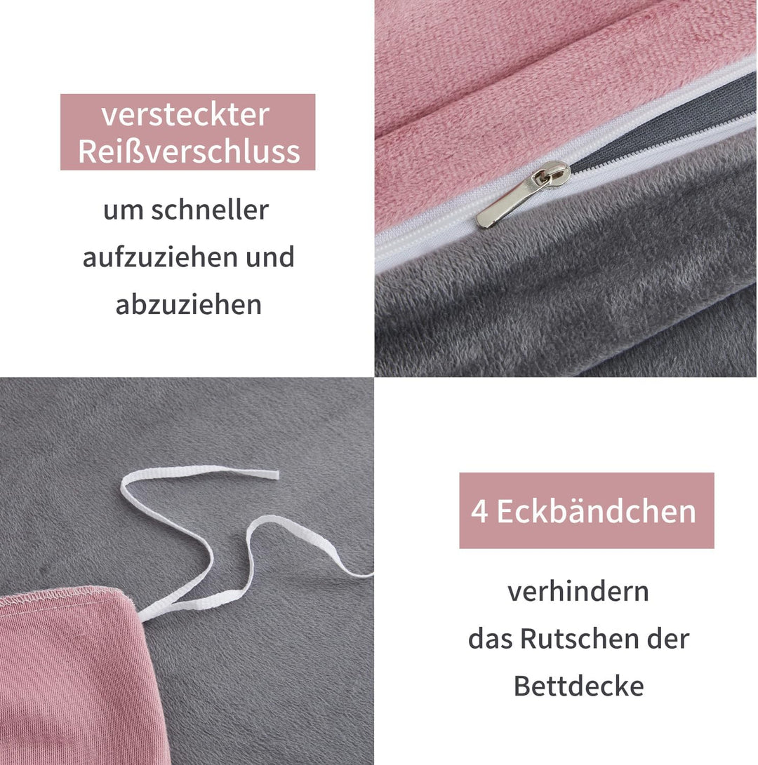 Boqingzhu Plüsch Bettwäsche 200×220cm Biber Rosa Altrosa Grau Flanell Winter Warm Kuschelig Flauschi