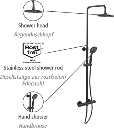 WENKO Duschsystem Young Eco, mit Thermostat-Armatur und 2 Watersaving Regulatoren, Regenduschkopf Ø2