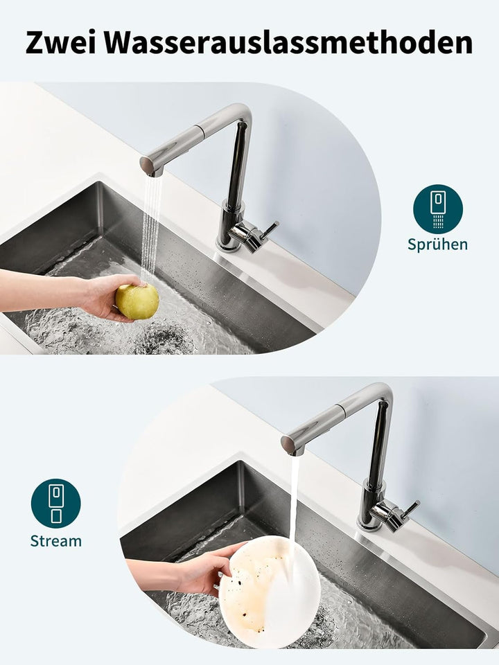 Hiqufet Wasserhahn Küche, Ausziehbare Küchenarmatur mit Sprühbrause aus Edelstahl und 2 Sprühfunktio